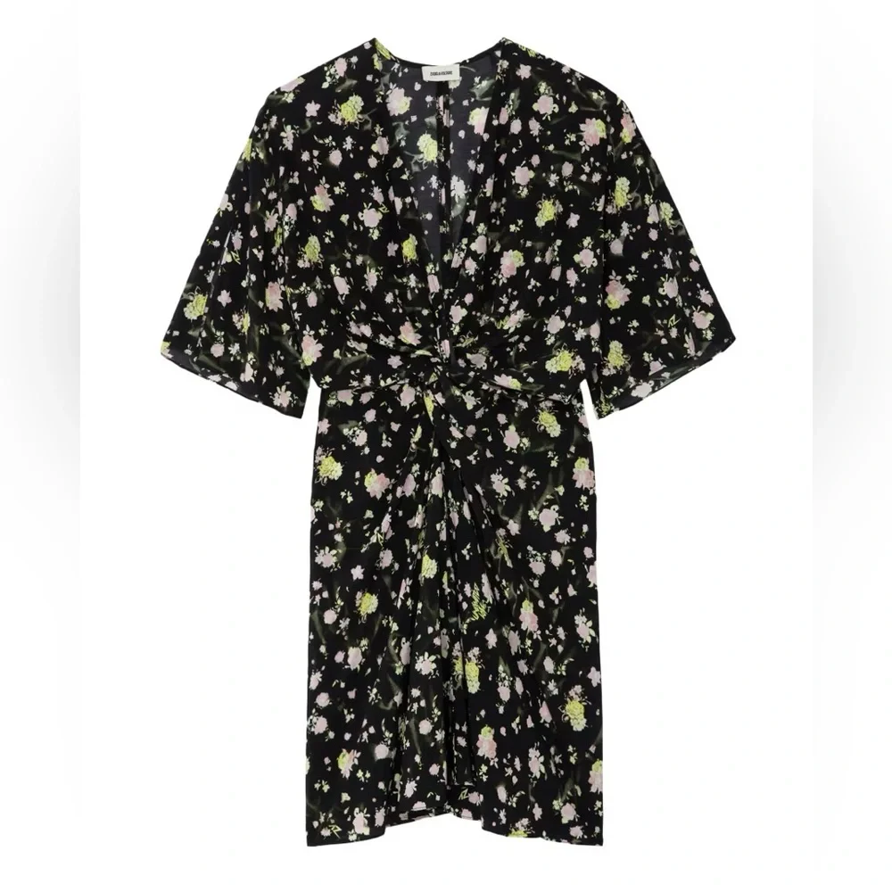 Zadig & Voltaire Black Floral Rozom Soft Crinkle Roses Summer Slim Mini Dress - Picture 3 of 9